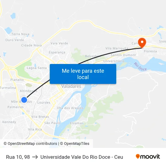 Rua 10, 98 to Universidade Vale Do Rio Doce - Ceu map