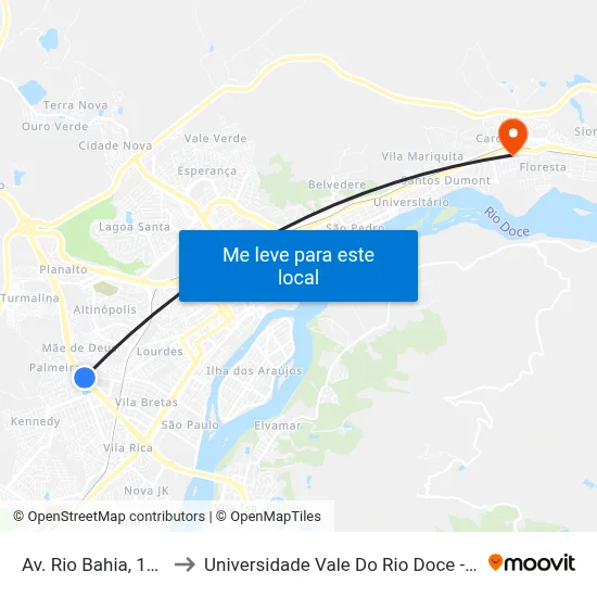 Av. Rio Bahia, 1750 to Universidade Vale Do Rio Doce - Ceu map