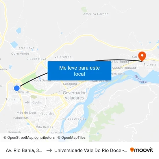 Av. Rio Bahia, 3800 to Universidade Vale Do Rio Doce - Ceu map
