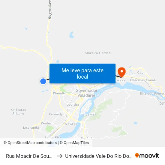 Rua Moacir De Souza, 445 to Universidade Vale Do Rio Doce - Ceu map