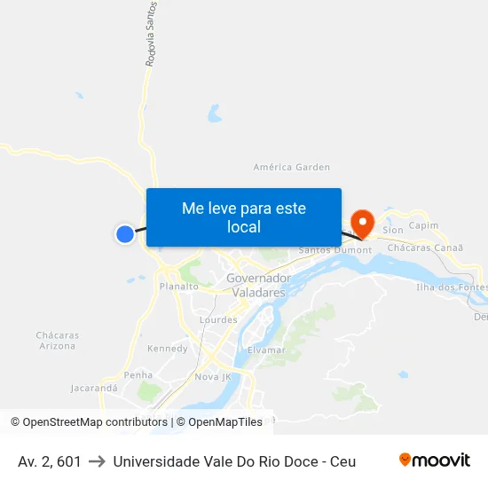 Av. 2, 601 to Universidade Vale Do Rio Doce - Ceu map