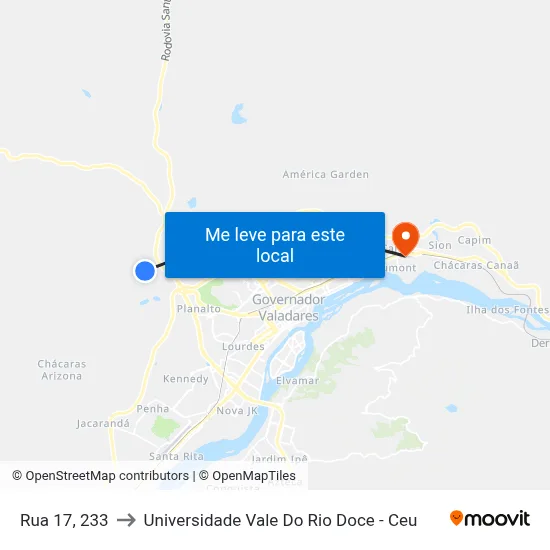 Rua 17, 233 to Universidade Vale Do Rio Doce - Ceu map