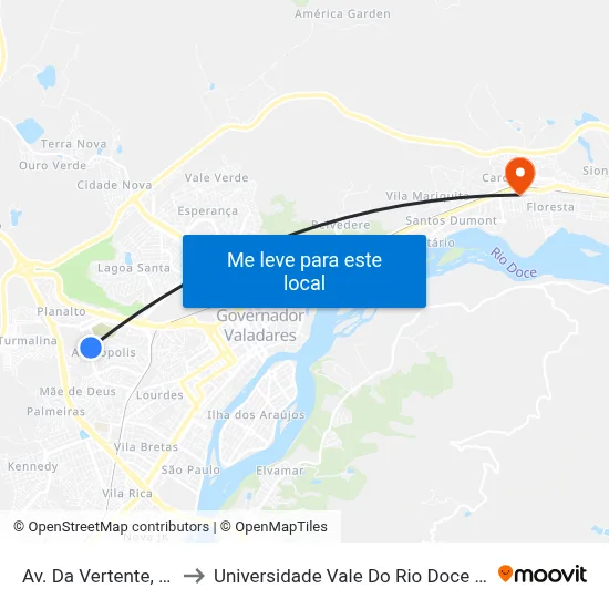 Av. Da Vertente, 401 to Universidade Vale Do Rio Doce - Ceu map