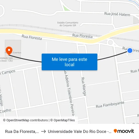 Rua Da Floresta, 97 to Universidade Vale Do Rio Doce - Ceu map