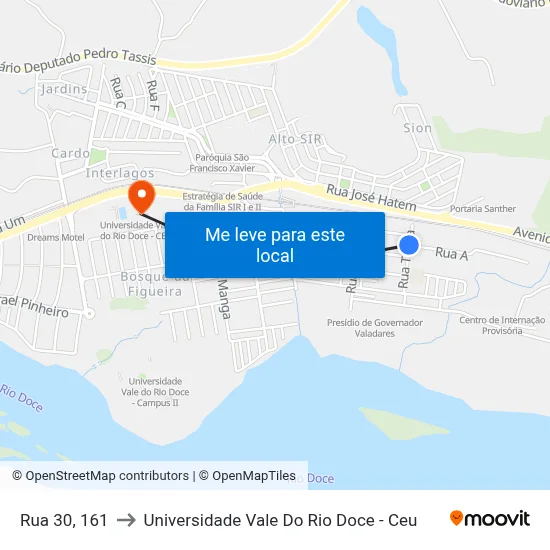 Rua 30, 161 to Universidade Vale Do Rio Doce - Ceu map