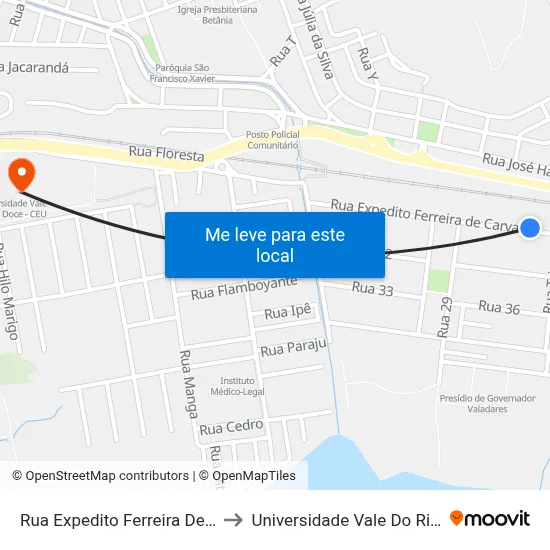 Rua Expedito Ferreira De Carvalho, 80 to Universidade Vale Do Rio Doce - Ceu map