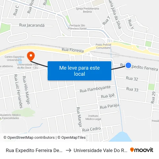 Rua Expedito Ferreira De Carvalho, 476 to Universidade Vale Do Rio Doce - Ceu map