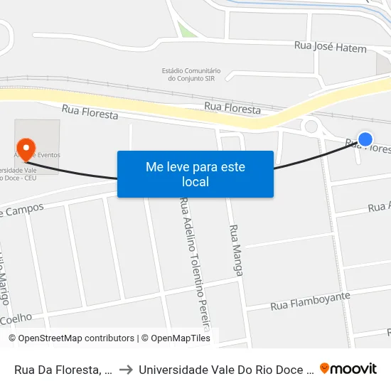 Rua Da Floresta, 100 to Universidade Vale Do Rio Doce - Ceu map