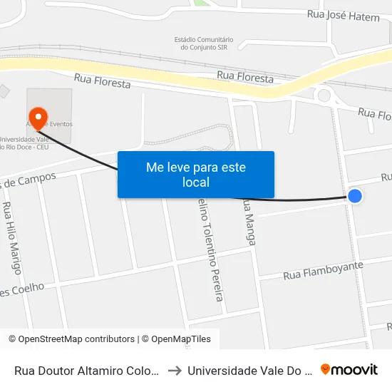 Rua Doutor Altamiro Colombo Ribeiro, 518 to Universidade Vale Do Rio Doce - Ceu map