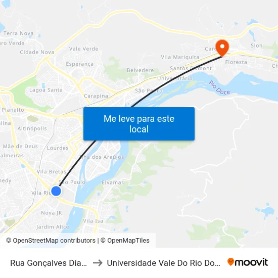 Rua Gonçalves Dias, 310 to Universidade Vale Do Rio Doce - Ceu map