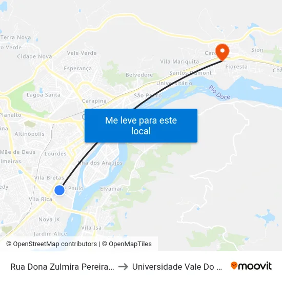 Rua Dona Zulmira Pereira Da Silva, 1014 to Universidade Vale Do Rio Doce - Ceu map