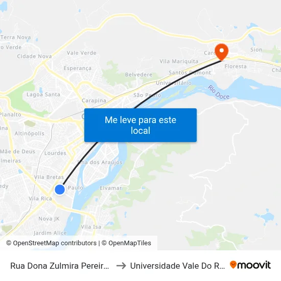 Rua Dona Zulmira Pereira Da Silva, 995 to Universidade Vale Do Rio Doce - Ceu map