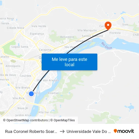 Rua Coronel Roberto Soares Ferreira, 1312 to Universidade Vale Do Rio Doce - Ceu map