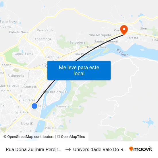 Rua Dona Zulmira Pereira Da Silva, 895 to Universidade Vale Do Rio Doce - Ceu map