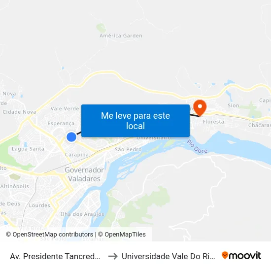 Av. Presidente Tancredo Neves, 579 to Universidade Vale Do Rio Doce - Ceu map