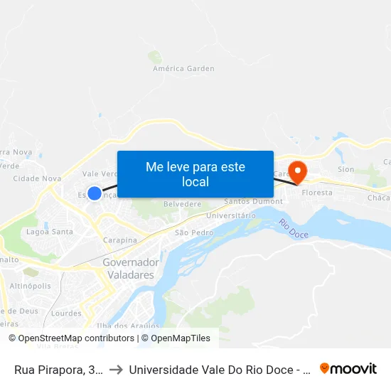 Rua Pirapora, 330 to Universidade Vale Do Rio Doce - Ceu map