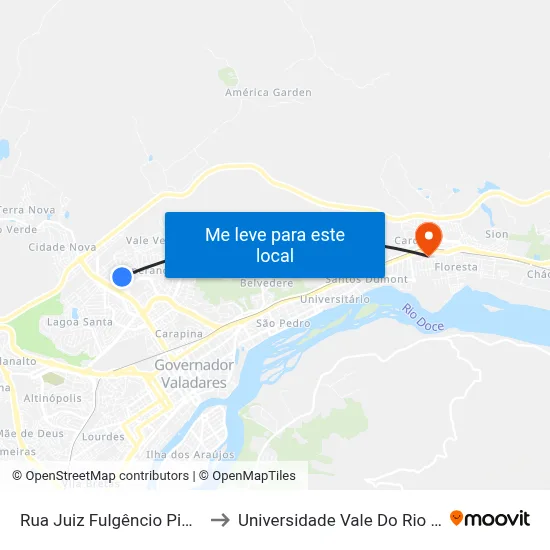 Rua Juiz Fulgêncio Pimenta, 250 to Universidade Vale Do Rio Doce - Ceu map