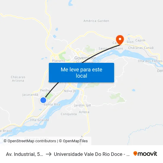 Av. Industrial, 555 to Universidade Vale Do Rio Doce - Ceu map