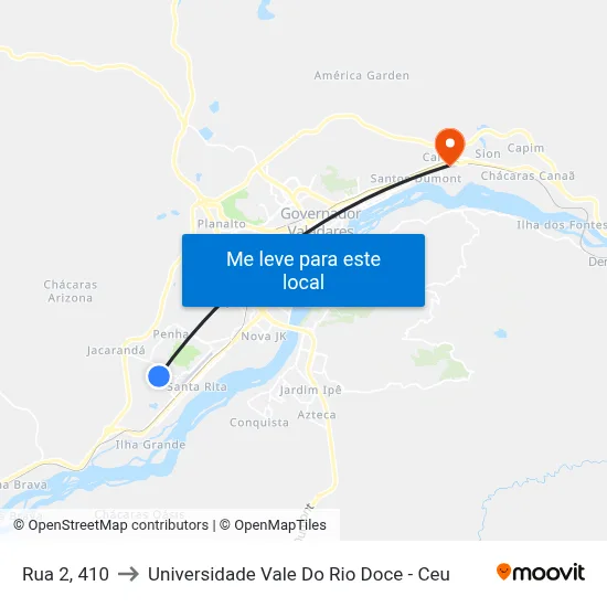Rua 2, 410 to Universidade Vale Do Rio Doce - Ceu map