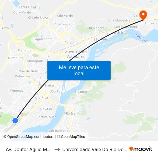 Av. Doutor Agílio Monteiro to Universidade Vale Do Rio Doce - Ceu map