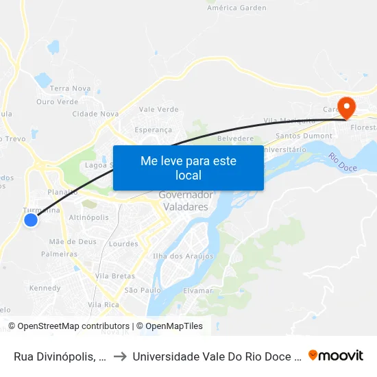 Rua Divinópolis, 142 to Universidade Vale Do Rio Doce - Ceu map