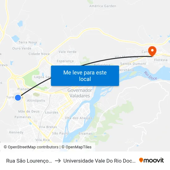 Rua São Lourenço, 549 to Universidade Vale Do Rio Doce - Ceu map