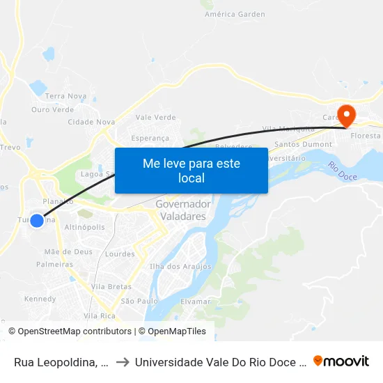 Rua Leopoldina, 103 to Universidade Vale Do Rio Doce - Ceu map
