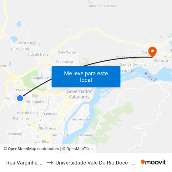 Rua Varginha, 40 to Universidade Vale Do Rio Doce - Ceu map