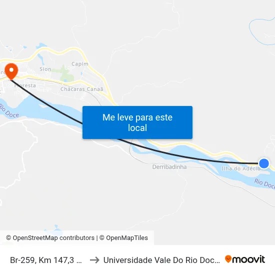 Br-259, Km 147,3 Oeste to Universidade Vale Do Rio Doce - Ceu map
