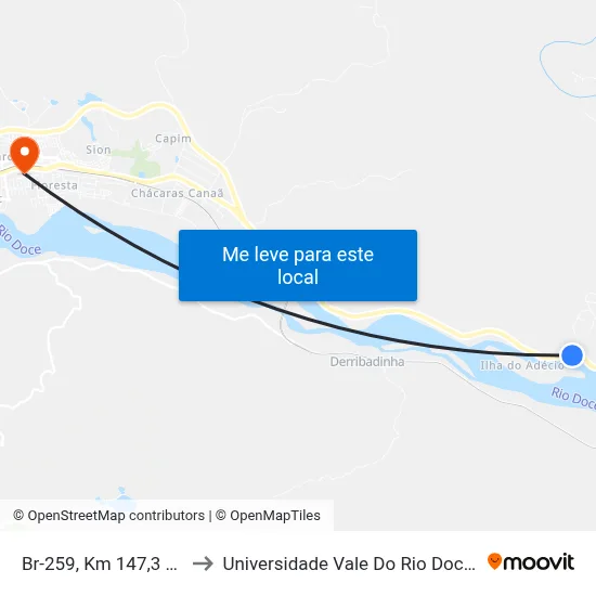Br-259, Km 147,3 Leste to Universidade Vale Do Rio Doce - Ceu map