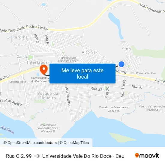 Rua O-2, 99 to Universidade Vale Do Rio Doce - Ceu map