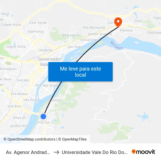 Av. Agenor Andrade, 402 to Universidade Vale Do Rio Doce - Ceu map