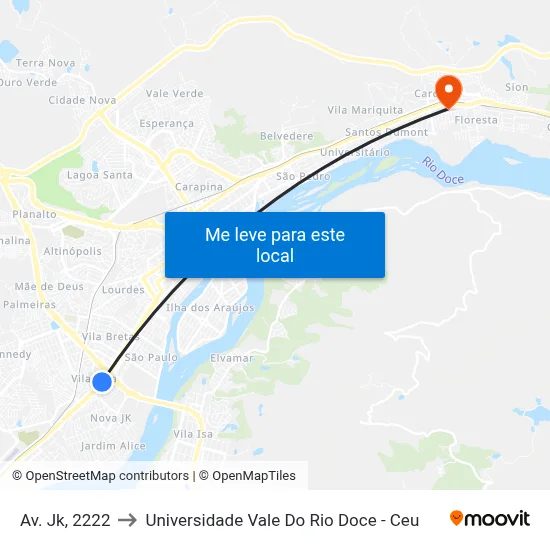 Av. Jk, 2222 to Universidade Vale Do Rio Doce - Ceu map