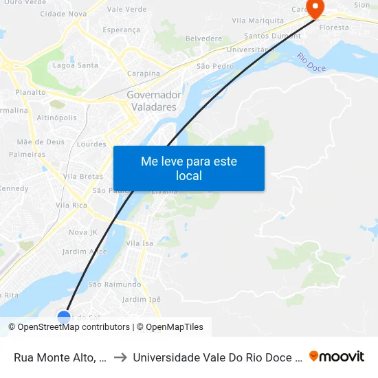 Rua Monte Alto, 601 to Universidade Vale Do Rio Doce - Ceu map