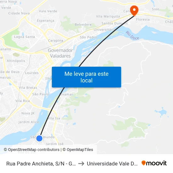 Rua Padre Anchieta, S/N - Governador Valadares to Universidade Vale Do Rio Doce - Ceu map