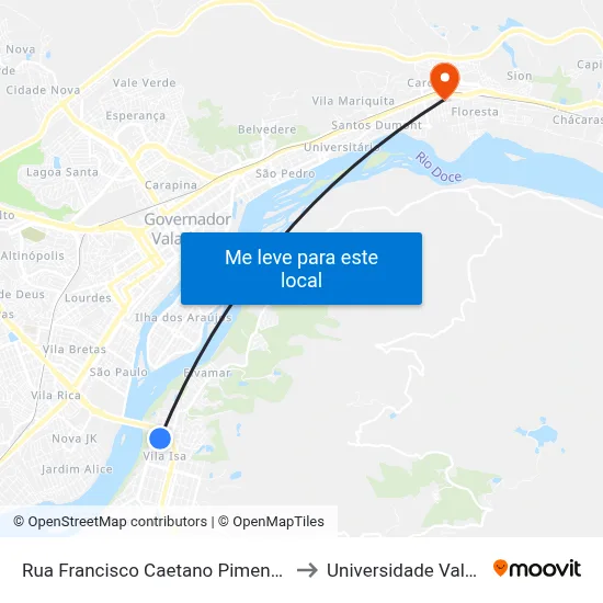 Rua Francisco Caetano Pimentel, S/N - Governador Valadares to Universidade Vale Do Rio Doce - Ceu map