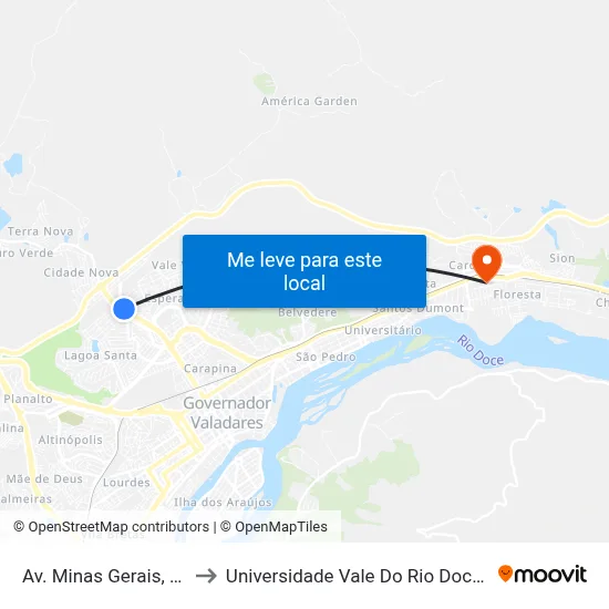 Av. Minas Gerais, 2850 to Universidade Vale Do Rio Doce - Ceu map