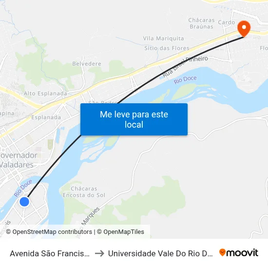 Avenida São Francisco, 715 to Universidade Vale Do Rio Doce - Ceu map