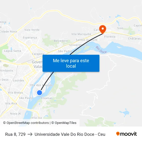 Rua 8, 729 to Universidade Vale Do Rio Doce - Ceu map