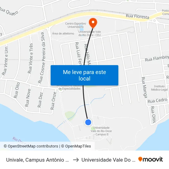 Univale, Campus Antônio Rodrigues Coelho to Universidade Vale Do Rio Doce - Ceu map