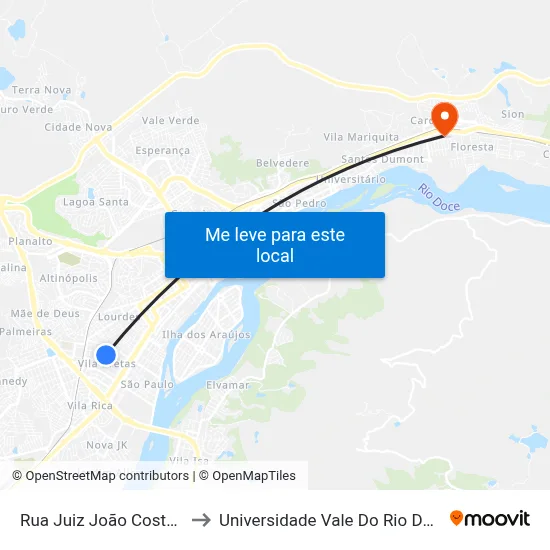 Rua Juiz João Costa, 3385 to Universidade Vale Do Rio Doce - Ceu map