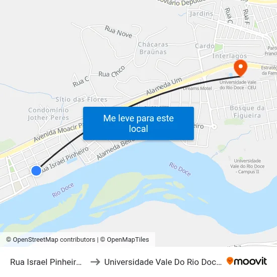 Rua Israel Pinheiro, 201 to Universidade Vale Do Rio Doce - Ceu map