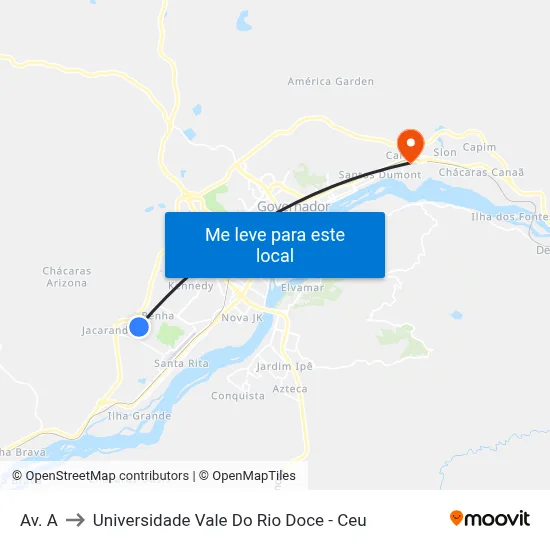 Av. A to Universidade Vale Do Rio Doce - Ceu map