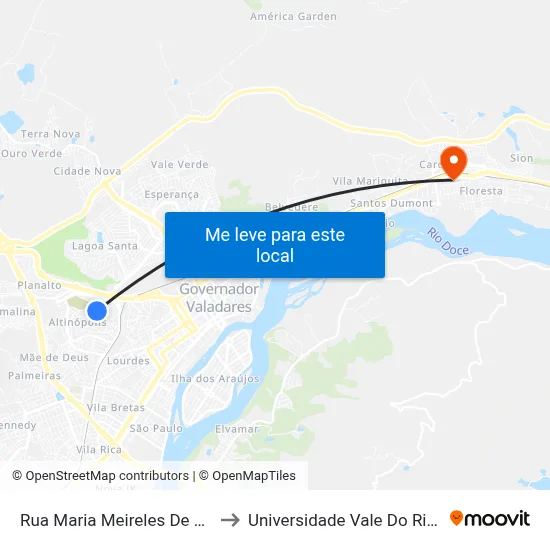 Rua Maria Meireles De Almeida, 650 to Universidade Vale Do Rio Doce - Ceu map