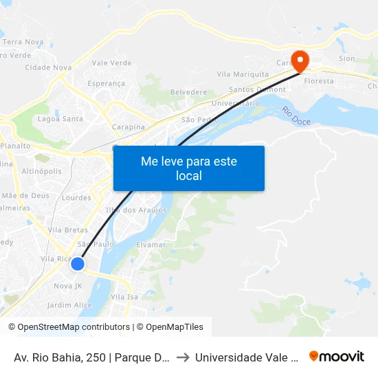 Av. Rio Bahia, 250 | Parque De Exposições, Portão 15 to Universidade Vale Do Rio Doce - Ceu map