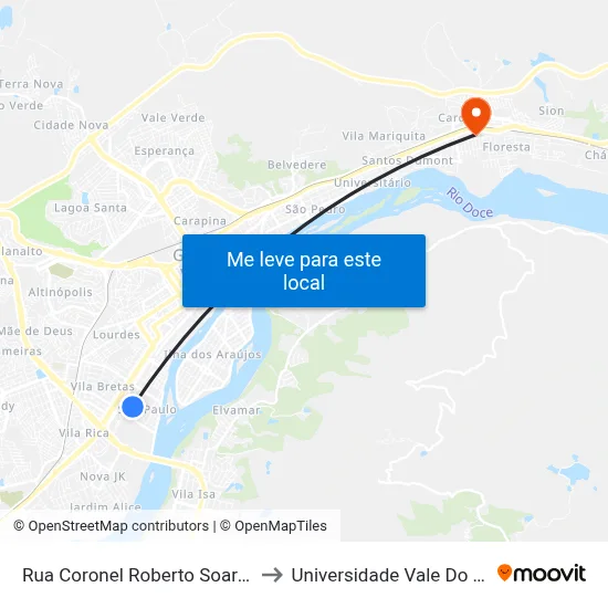 Rua Coronel Roberto Soares Ferreira, 1204 to Universidade Vale Do Rio Doce - Ceu map