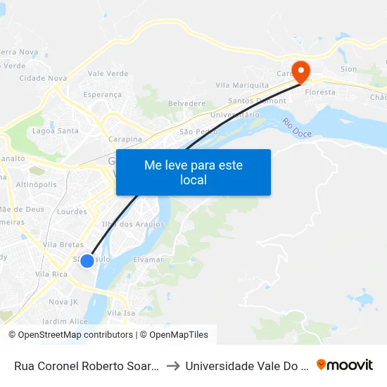 Rua Coronel Roberto Soares Ferreira, 1327 to Universidade Vale Do Rio Doce - Ceu map