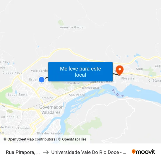 Rua Pirapora, 33 to Universidade Vale Do Rio Doce - Ceu map