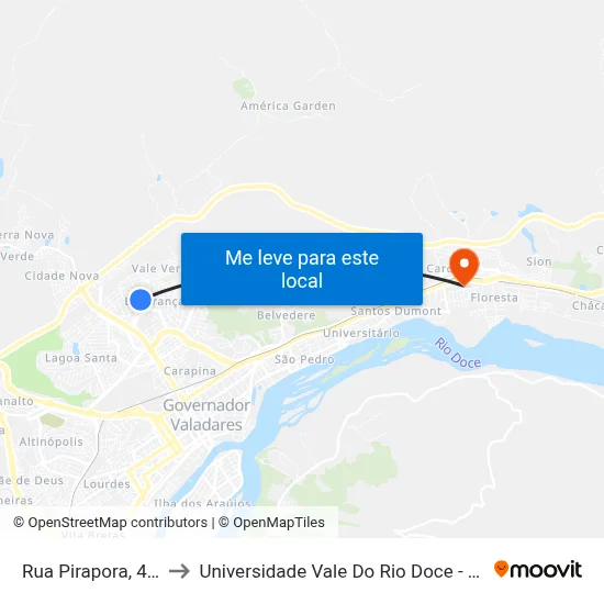 Rua Pirapora, 404 to Universidade Vale Do Rio Doce - Ceu map