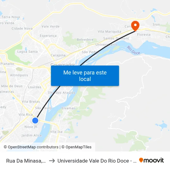 Rua Da Minasa, 30 to Universidade Vale Do Rio Doce - Ceu map